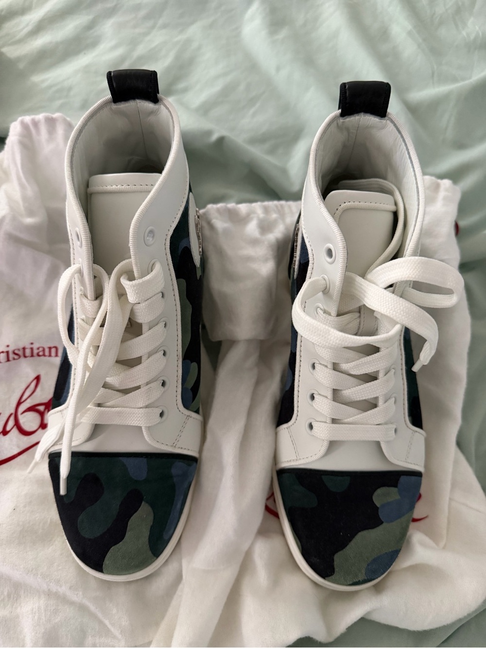 Christian Louboutin- Woman White High-Top Sneakers with Green Camouflage Accent